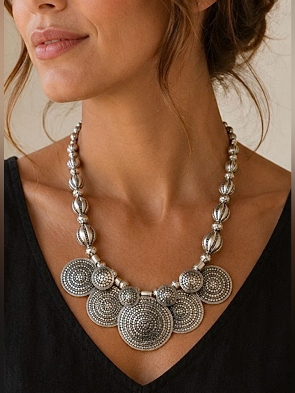 Silver Tone Coin Medallion Bib Necklace Boho Statement St. Thomas